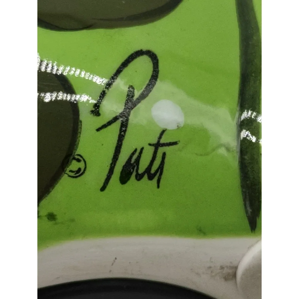 Ganz Ceramic Piggy Bank Kitty Cat Green Apples Painted Signed Pati 5 Inch